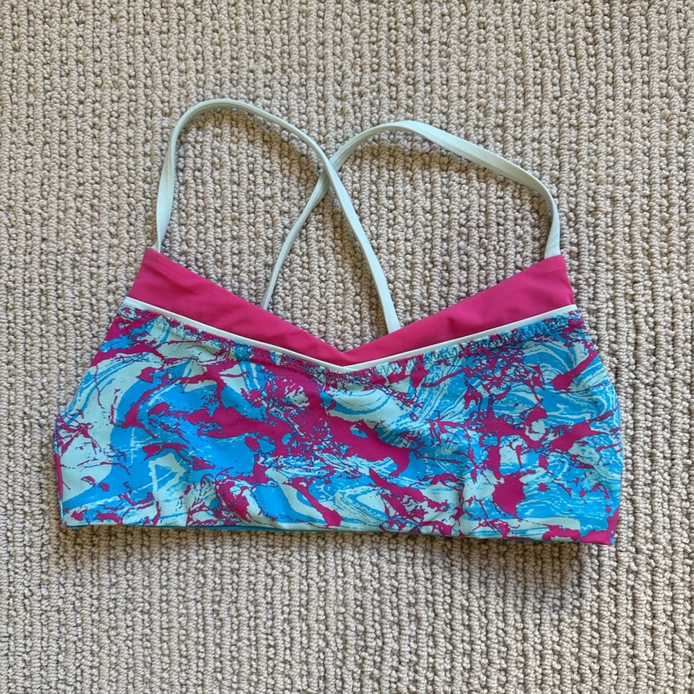 Ivivva by Lululemon Girls Sports Bra Pink Blue Abstract Criss Cross Back Size 14